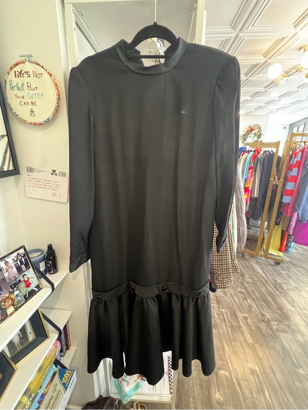 Vintage nat Kaplan Black Long Sleeve Ruffle Drop-Waist Dress